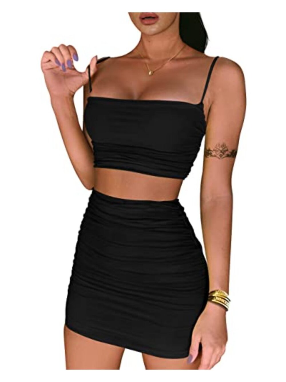 Ruched Cami Crop Top Bodycon Skirt 2 Piece Outfit Set Club Party
